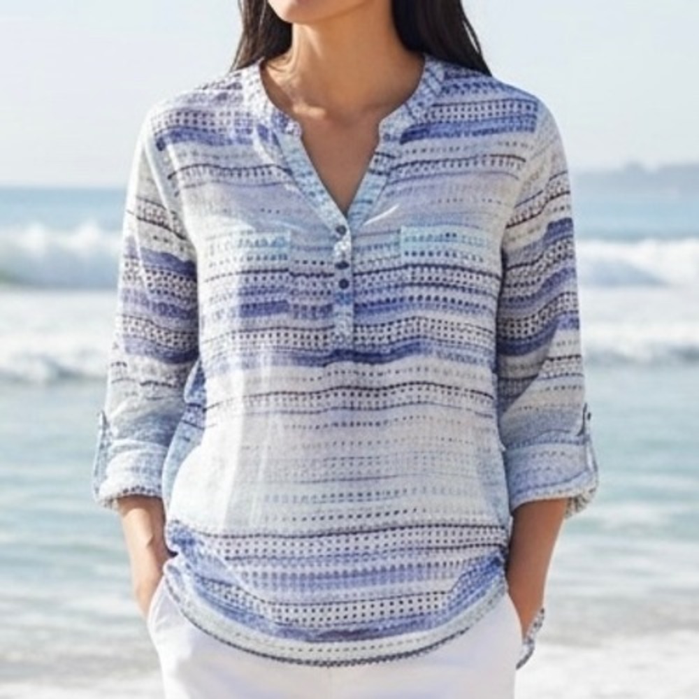 Womens Blue Ikat Henley Blouse Sz Lg Coastal Resort Summer Casual Travel Beachy